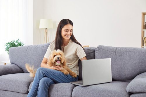 female-pet-owner-holding-dog-in-her-lap-while-she-searches-on-her-laptop