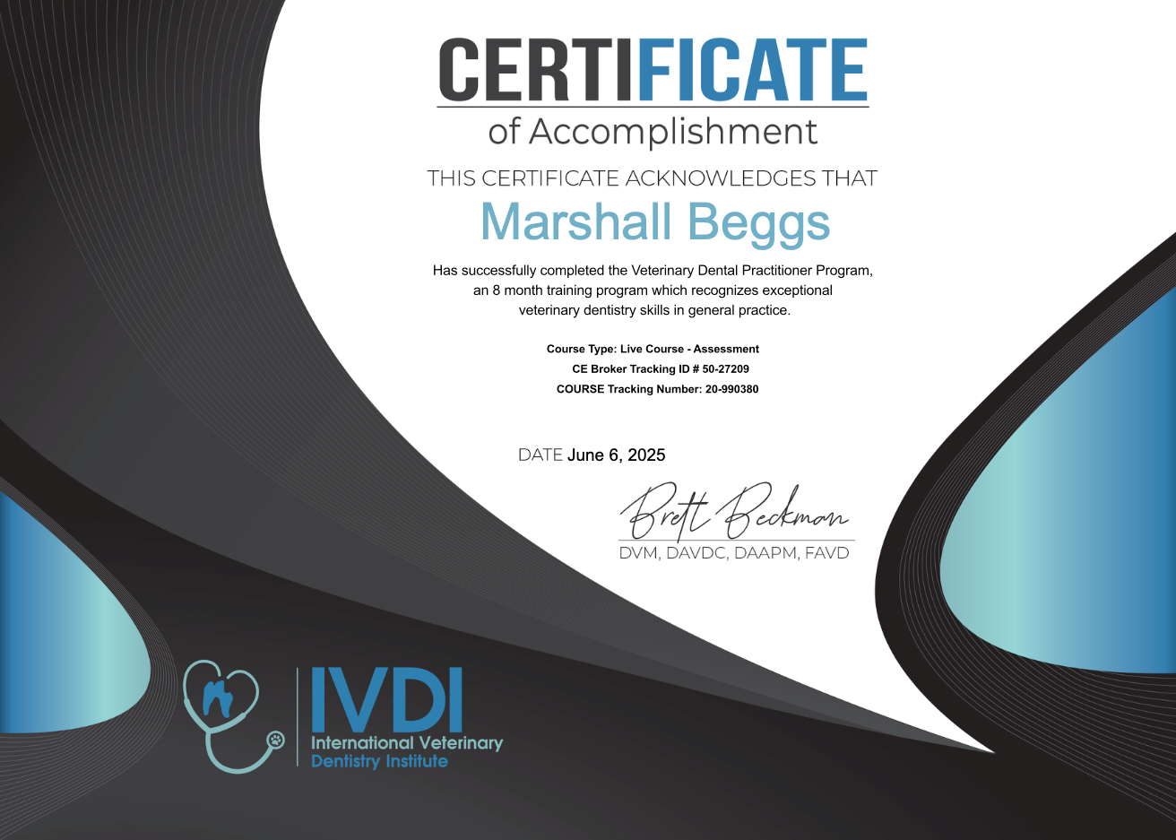 Ivdi Certificate Marshall Beggs